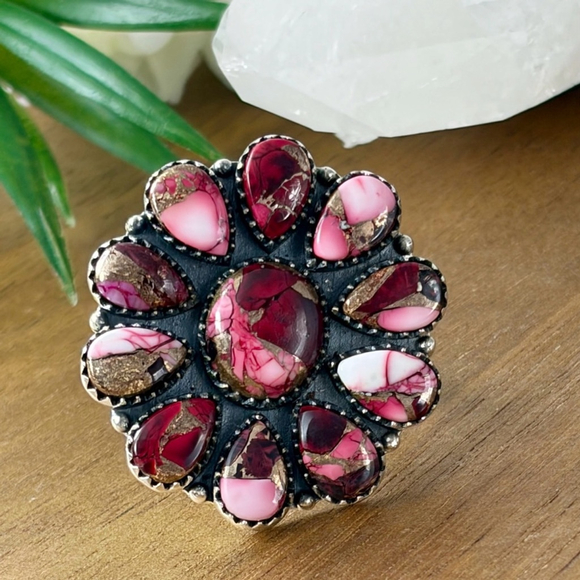 Pure Sterling Silver 925 Red Dahlia Turquoise Cluster Ring Size 7 Navajo Style - Picture 3 of 12